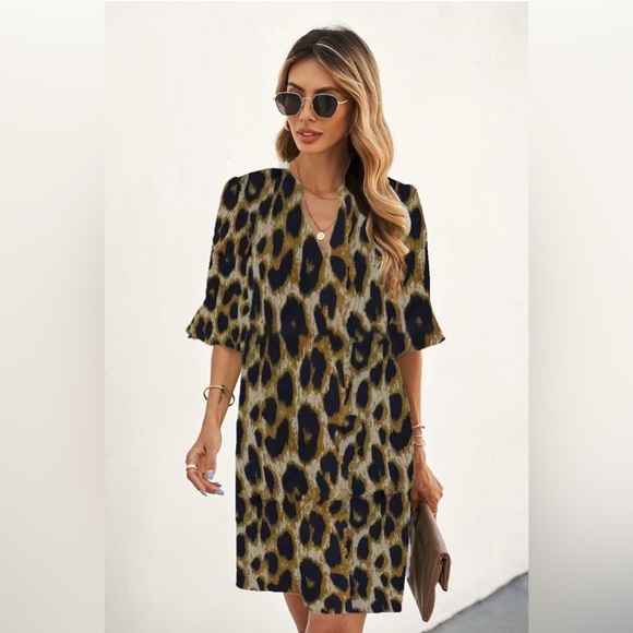 QACOHU Dresses & Skirts - QACOHU Leopard Print Ruffle V-Neck Dress - size XL